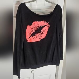 Black Off Shoulder French Terry Sweatshirt with Red Lip Print